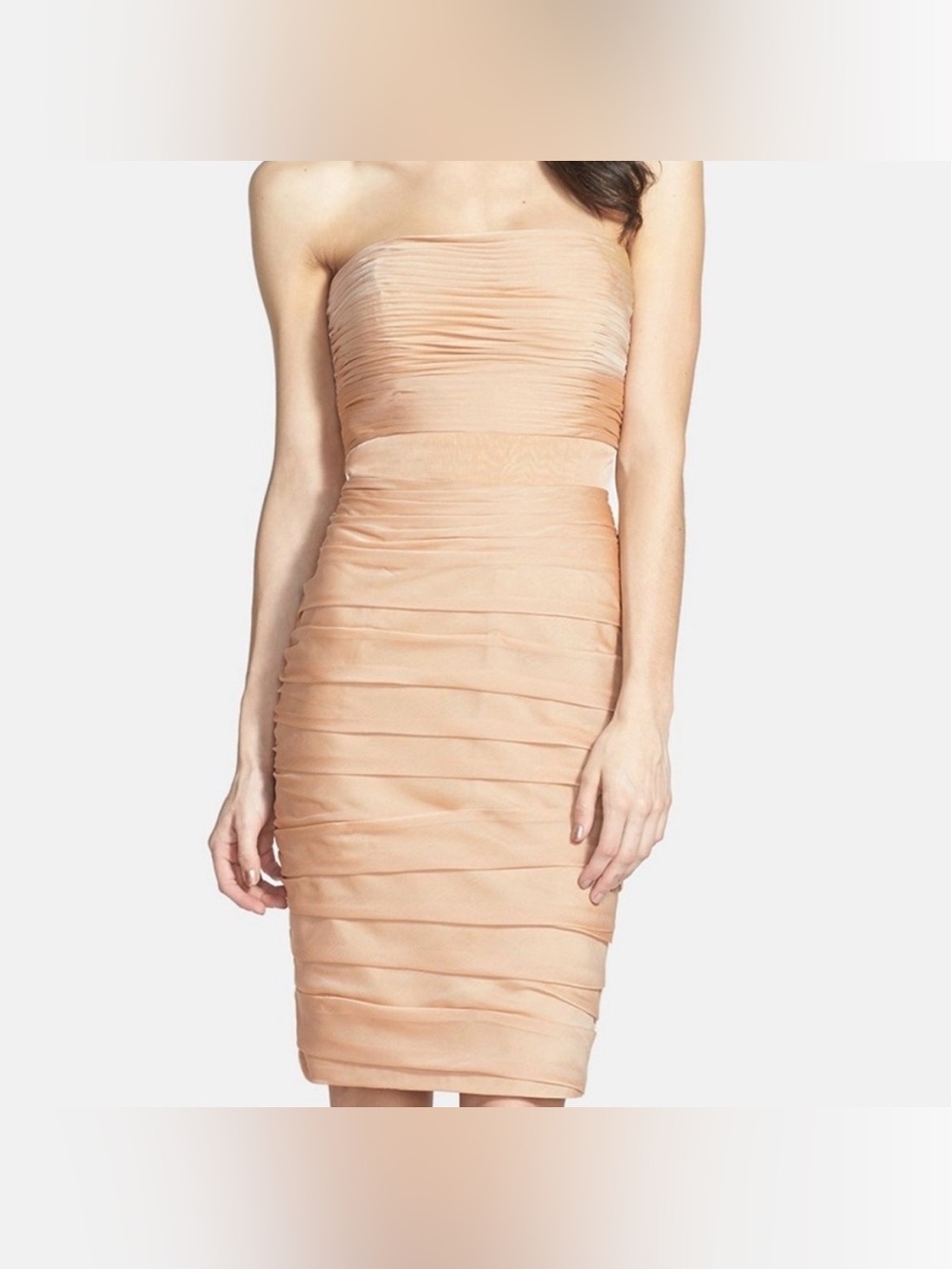Monique Lhuillier Bridesmaid Mini Dress Strapless Beige Tan Chiffon Pleated 0